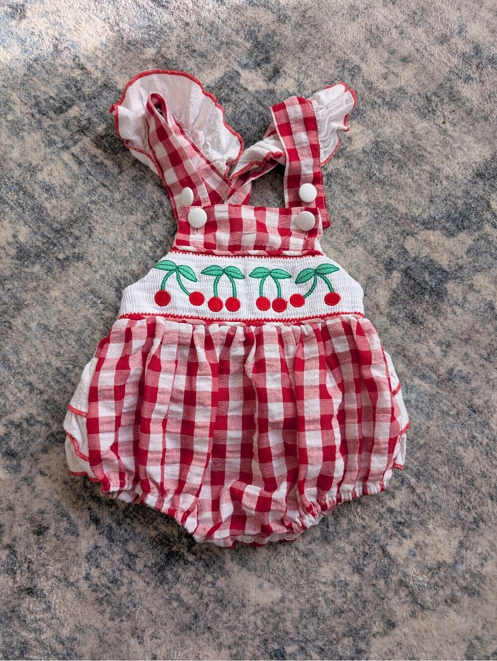 Lil Cactus Smocked Ruffle Butt Bubble Romper Cherries Cherry Sz 3-6 mos